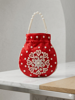 Elegant red pearl embroidered potli bag with beaded handle 2