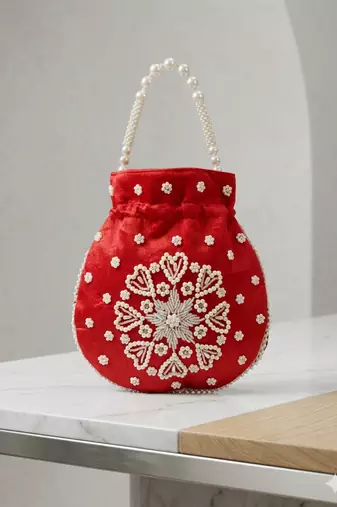 Elegant red pearl embroidered potli bag with beaded handle