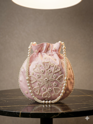 Elegant pink pearl embroidered potli bag with beaded handle 2