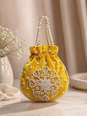 Elegant yellow pearl embroidered potli bag with beaded handle 2