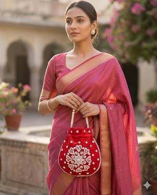 Elegant red pearl embroidered potli bag with beaded handle 3