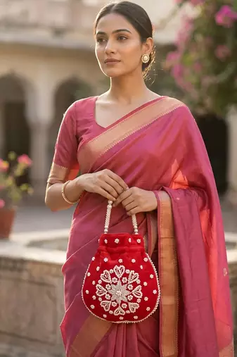 Elegant red pearl embroidered potli bag with beaded handle