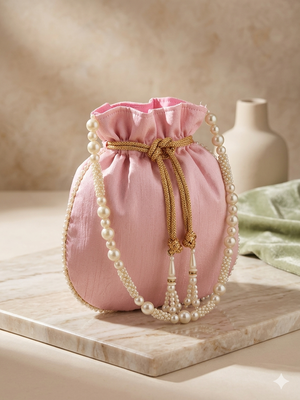 Elegant pink pearl embroidered potli bag with beaded handle 3