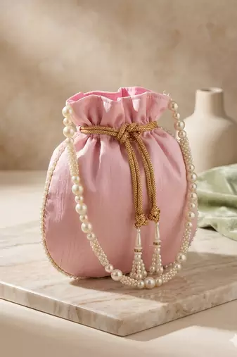 Elegant pink pearl embroidered potli bag with beaded handle