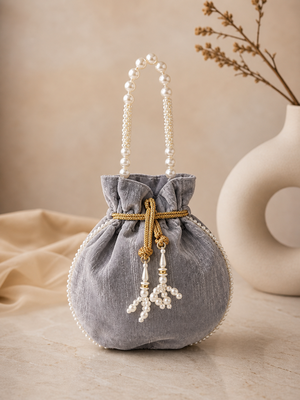 Elegant grey pearl embroidered potli bag with beaded handle 3