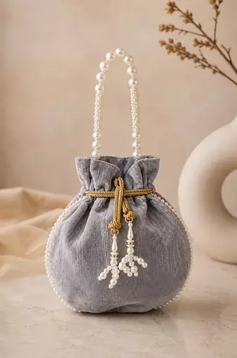 Elegant grey pearl embroidered potli bag with beaded handle