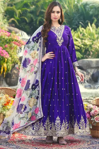 Purple chinon stitched gown with embroidery with digital print dupatta full sleeve embroidered
