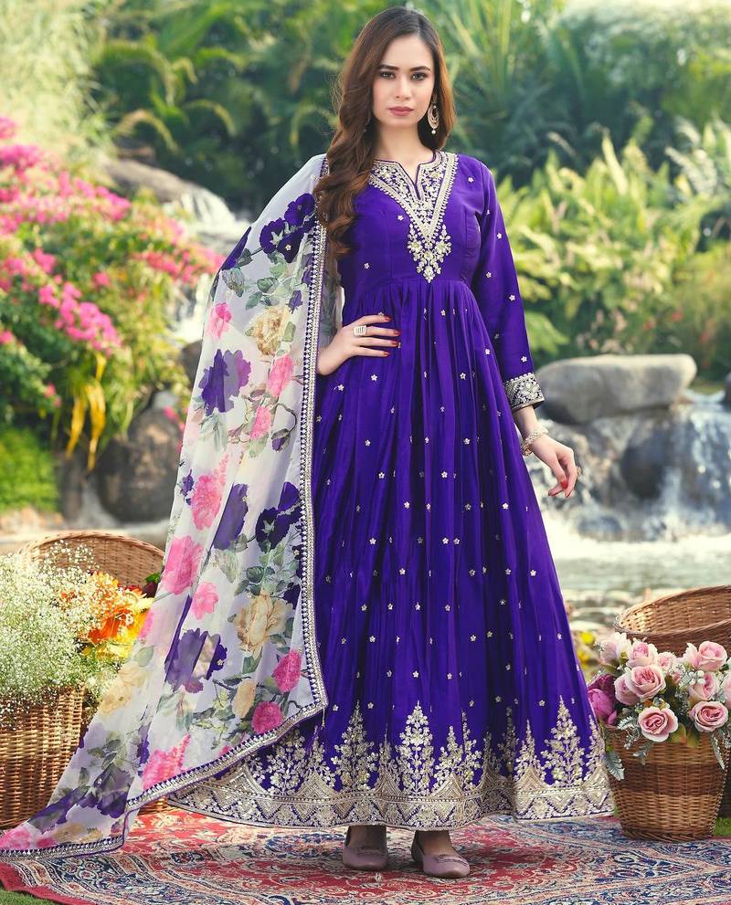 Purple chinon stitched gown with embroidery with digital print dupatta full sleeve embroidered