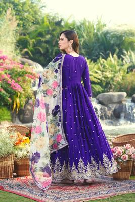 Purple chinon stitched gown with embroidery with digital print dupatta full sleeve embroidered 2