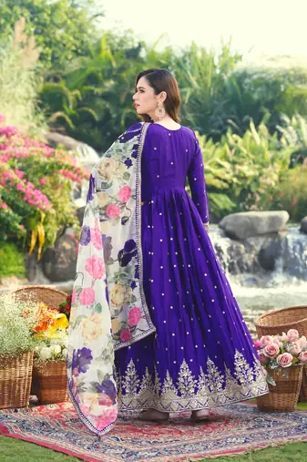 Purple chinon stitched gown with embroidery with digital print dupatta full sleeve embroidered