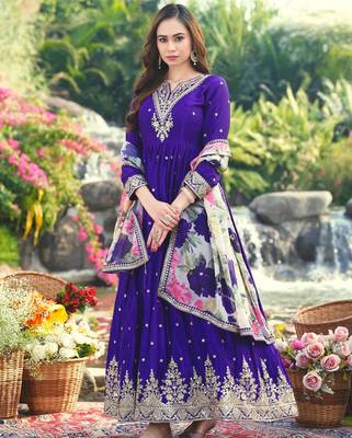 Purple chinon stitched gown with embroidery with digital print dupatta full sleeve embroidered 3
