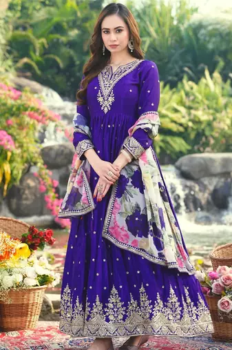 Purple chinon stitched gown with embroidery with digital print dupatta full sleeve embroidered