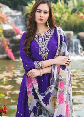 Purple chinon stitched gown with embroidery with digital print dupatta full sleeve embroidered 4