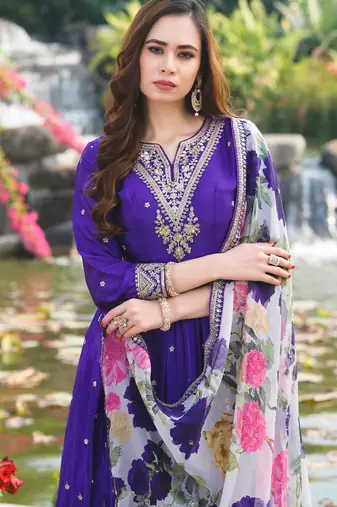Purple chinon stitched gown with embroidery with digital print dupatta full sleeve embroidered