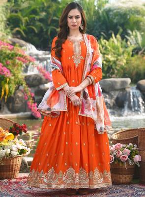 Orange chinon stitched gown with embroidery with digital print dupatta full sleeve embroidered 1