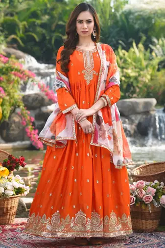 Orange chinon stitched gown with embroidery with digital print dupatta full sleeve embroidered