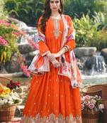 Orange chinon stitched gown with embroidery with digital print dupatta full sleeve embroidered