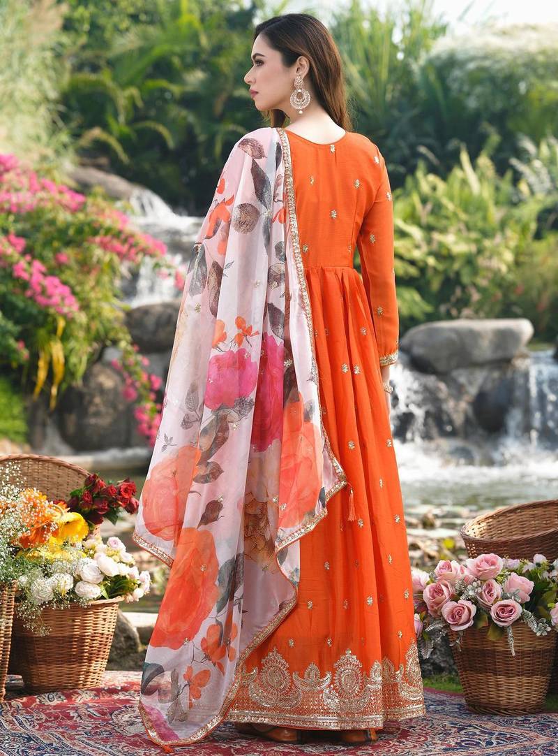 Orange chinon stitched gown with embroidery with digital print dupatta full sleeve embroidered