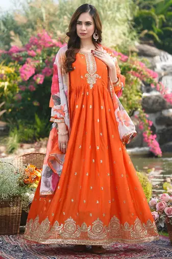 Orange chinon stitched gown with embroidery with digital print dupatta full sleeve embroidered