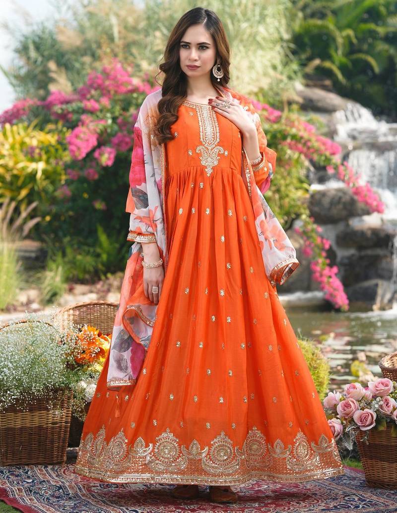 Orange chinon stitched gown with embroidery with digital print dupatta full sleeve embroidered