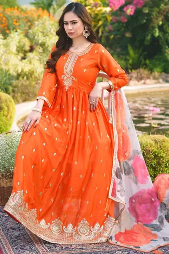 Orange chinon stitched gown with embroidery with digital print dupatta full sleeve embroidered