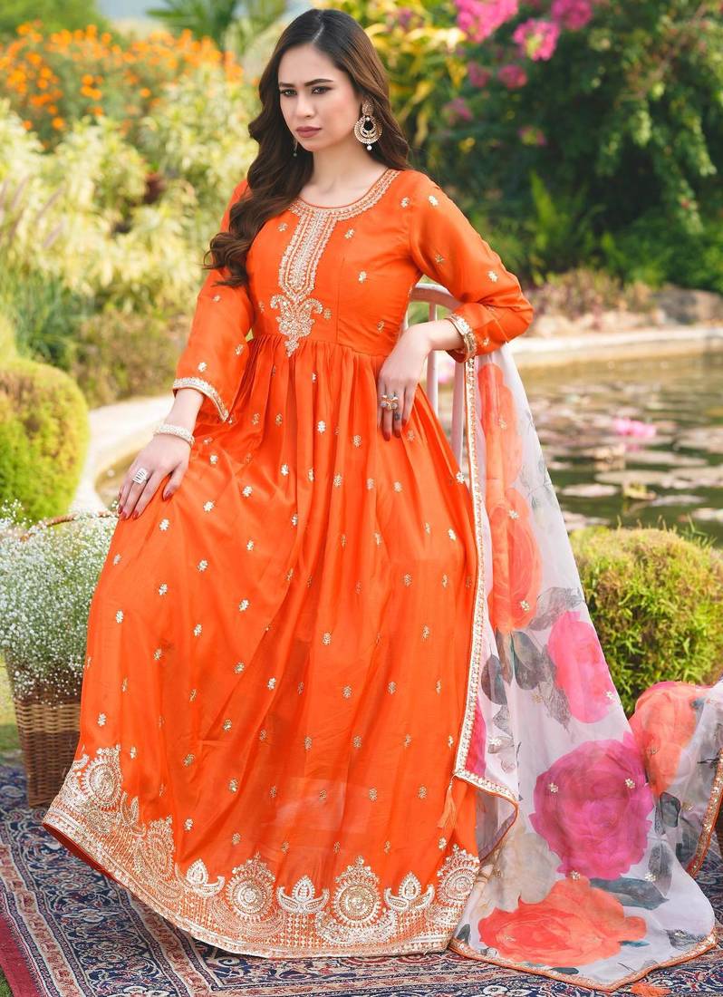 Orange chinon stitched gown with embroidery with digital print dupatta full sleeve embroidered