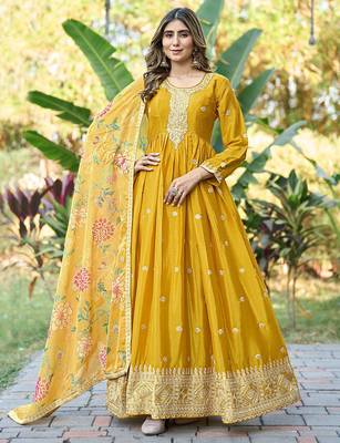 Yellow chinon stitched gown with embroidery with digital print dupatta full sleeve embroidered 1