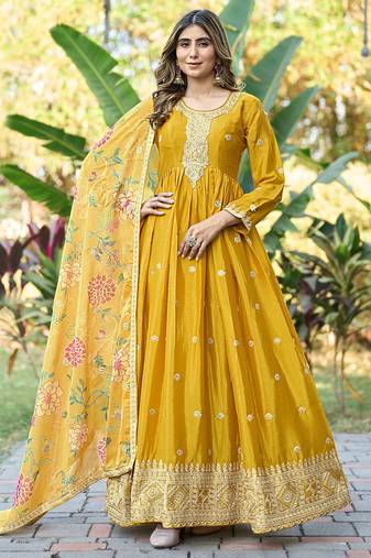 Yellow chinon stitched gown with embroidery with digital print dupatta full sleeve embroidered