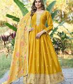 Yellow chinon stitched gown with embroidery with digital print dupatta full sleeve embroidered