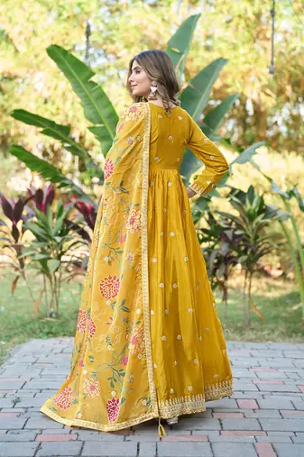 Yellow chinon stitched gown with embroidery with digital print dupatta full sleeve embroidered