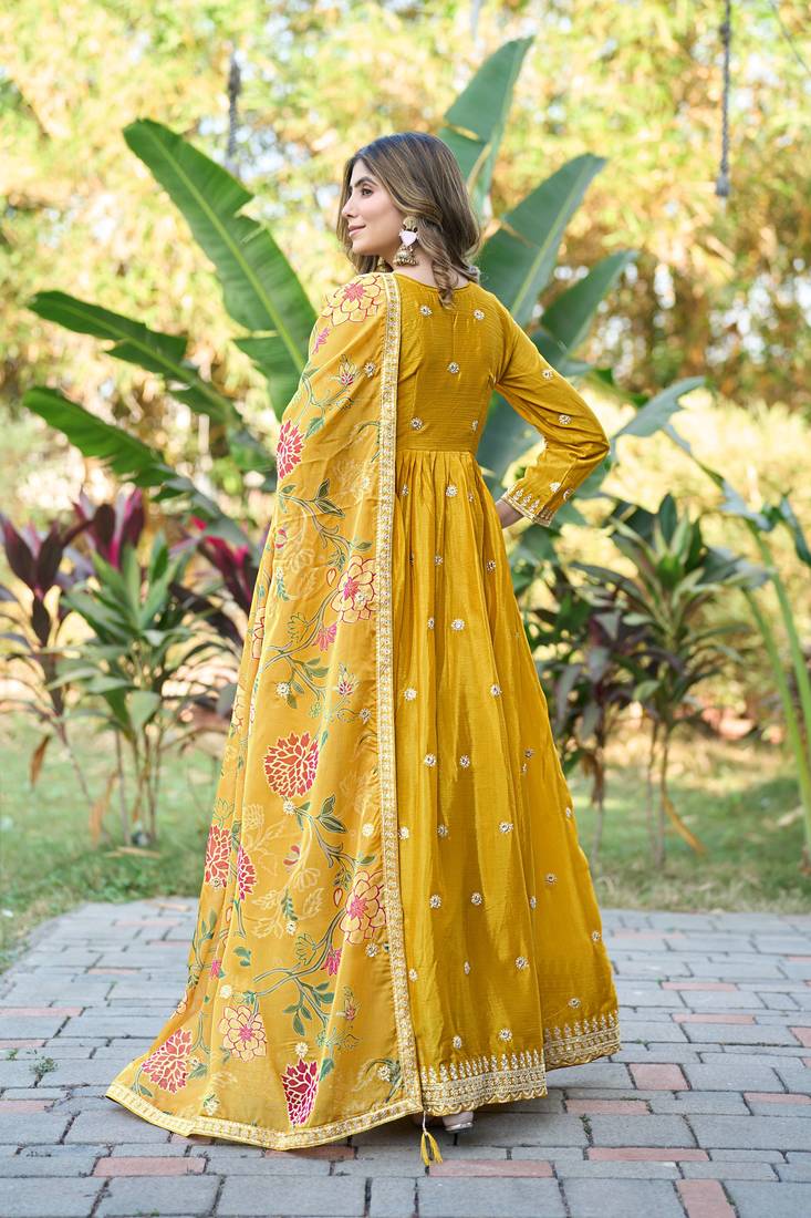 Yellow chinon stitched gown with embroidery with digital print dupatta full sleeve embroidered