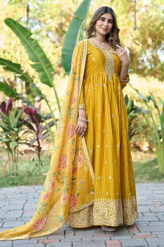 Yellow chinon stitched gown with embroidery with digital print dupatta full sleeve embroidered