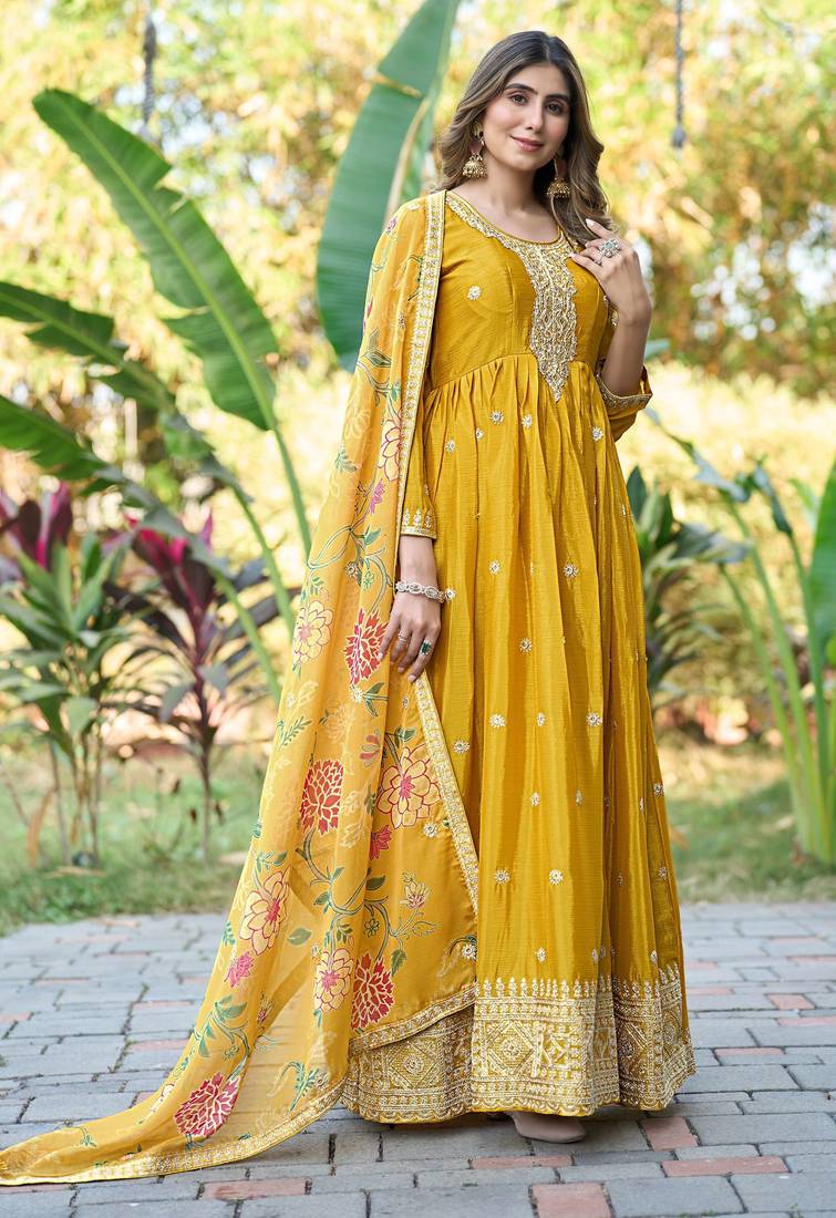 Yellow chinon stitched gown with embroidery with digital print dupatta full sleeve embroidered