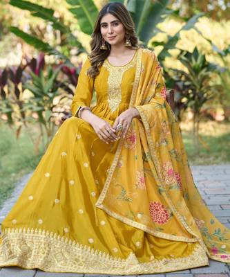 Yellow chinon stitched gown with embroidery with digital print dupatta full sleeve embroidered 4