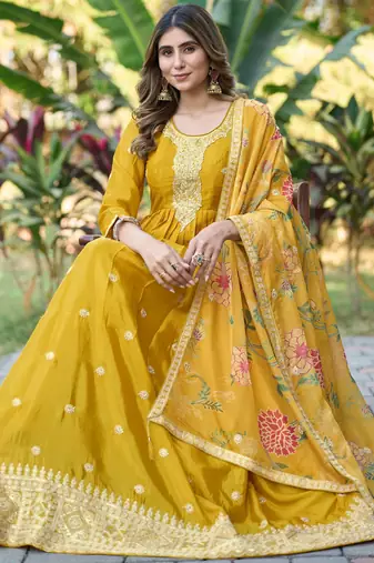 Yellow chinon stitched gown with embroidery with digital print dupatta full sleeve embroidered