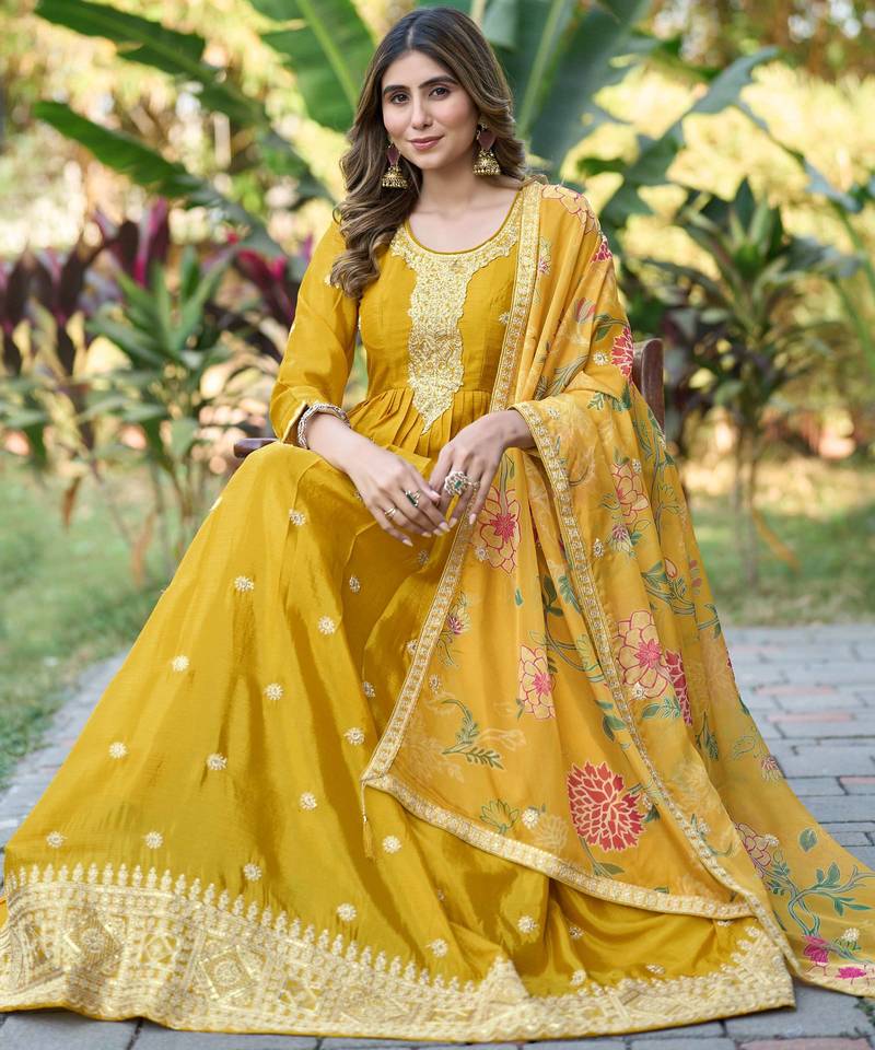 Yellow chinon stitched gown with embroidery with digital print dupatta full sleeve embroidered