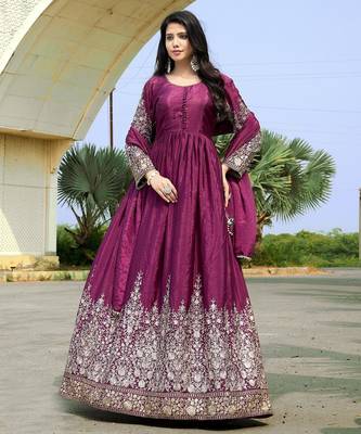 Purple chinon stitched gown with embellished dupatta full sleeve embroidered 1