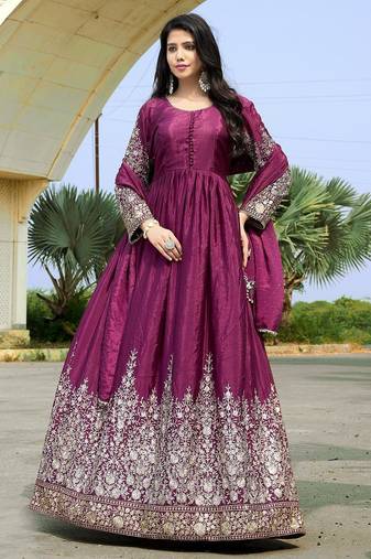 Purple chinon stitched gown with embellished dupatta full sleeve embroidered