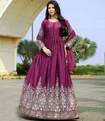 Purple chinon stitched gown with embellished dupatta full sleeve embroidered