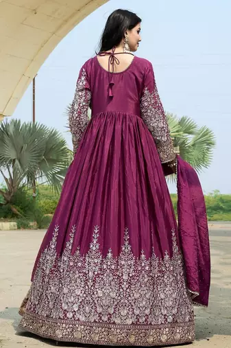 Purple chinon stitched gown with embellished dupatta full sleeve embroidered