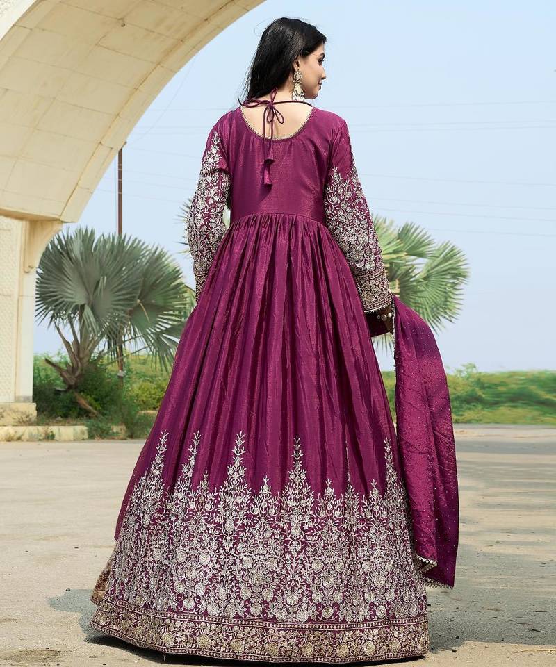 Purple chinon stitched gown with embellished dupatta full sleeve embroidered
