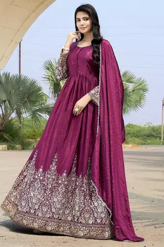 Purple chinon stitched gown with embellished dupatta full sleeve embroidered