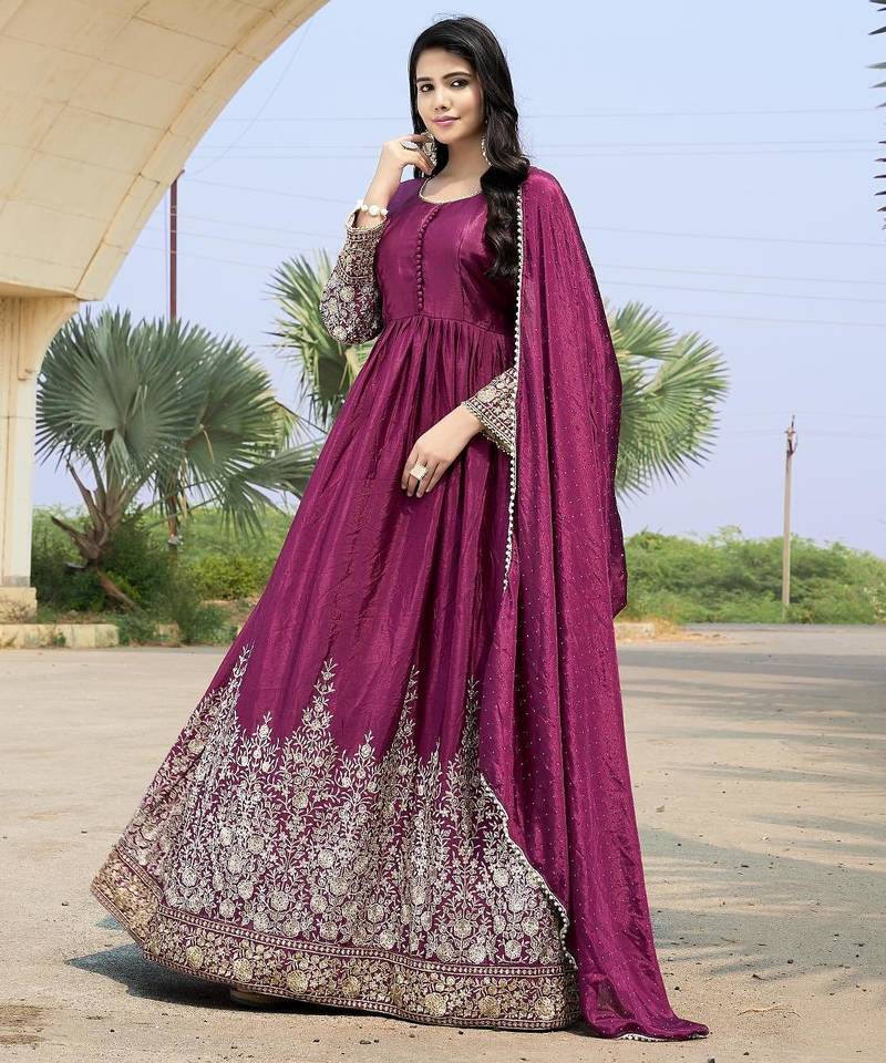Purple chinon stitched gown with embellished dupatta full sleeve embroidered