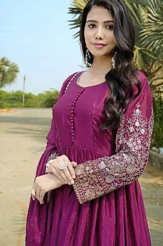 Purple chinon stitched gown with embellished dupatta full sleeve embroidered