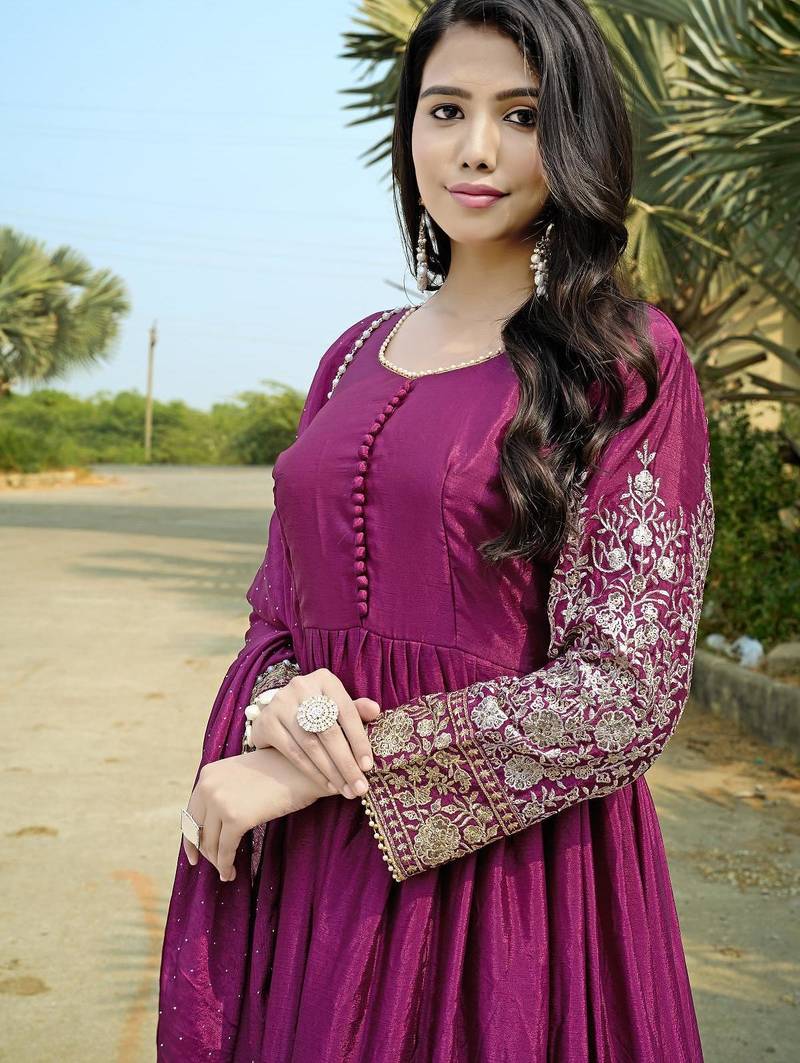 Purple chinon stitched gown with embellished dupatta full sleeve embroidered