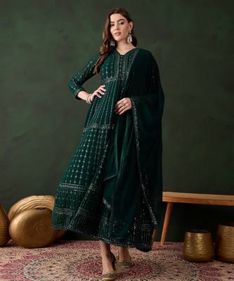 Green faux georgette stitched gown with lace dupatta full sleeve embroidered 1