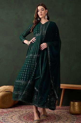 Green faux georgette stitched gown with lace dupatta full sleeve embroidered