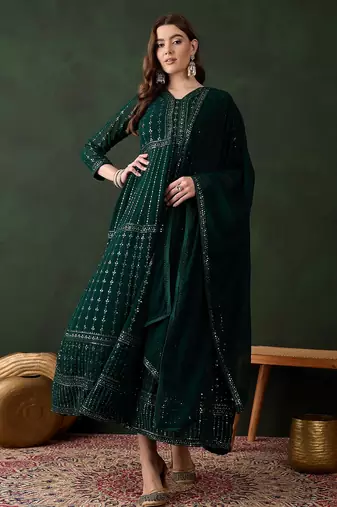 Green faux georgette stitched gown with lace dupatta full sleeve embroidered
