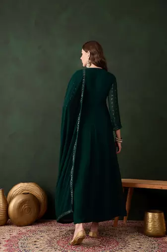 Green faux georgette stitched gown with lace dupatta full sleeve embroidered