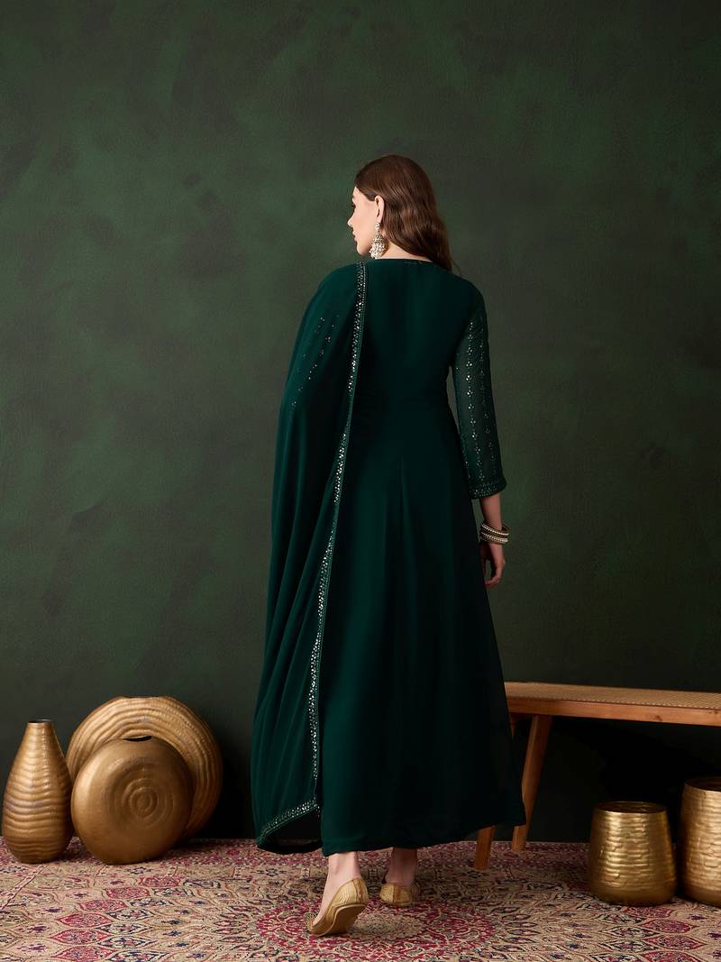 Green faux georgette stitched gown with lace dupatta full sleeve embroidered